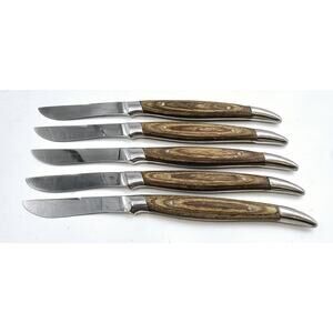 5 Vintage Stainless Steel Steak Knives with Wooden Handles Made In Japan